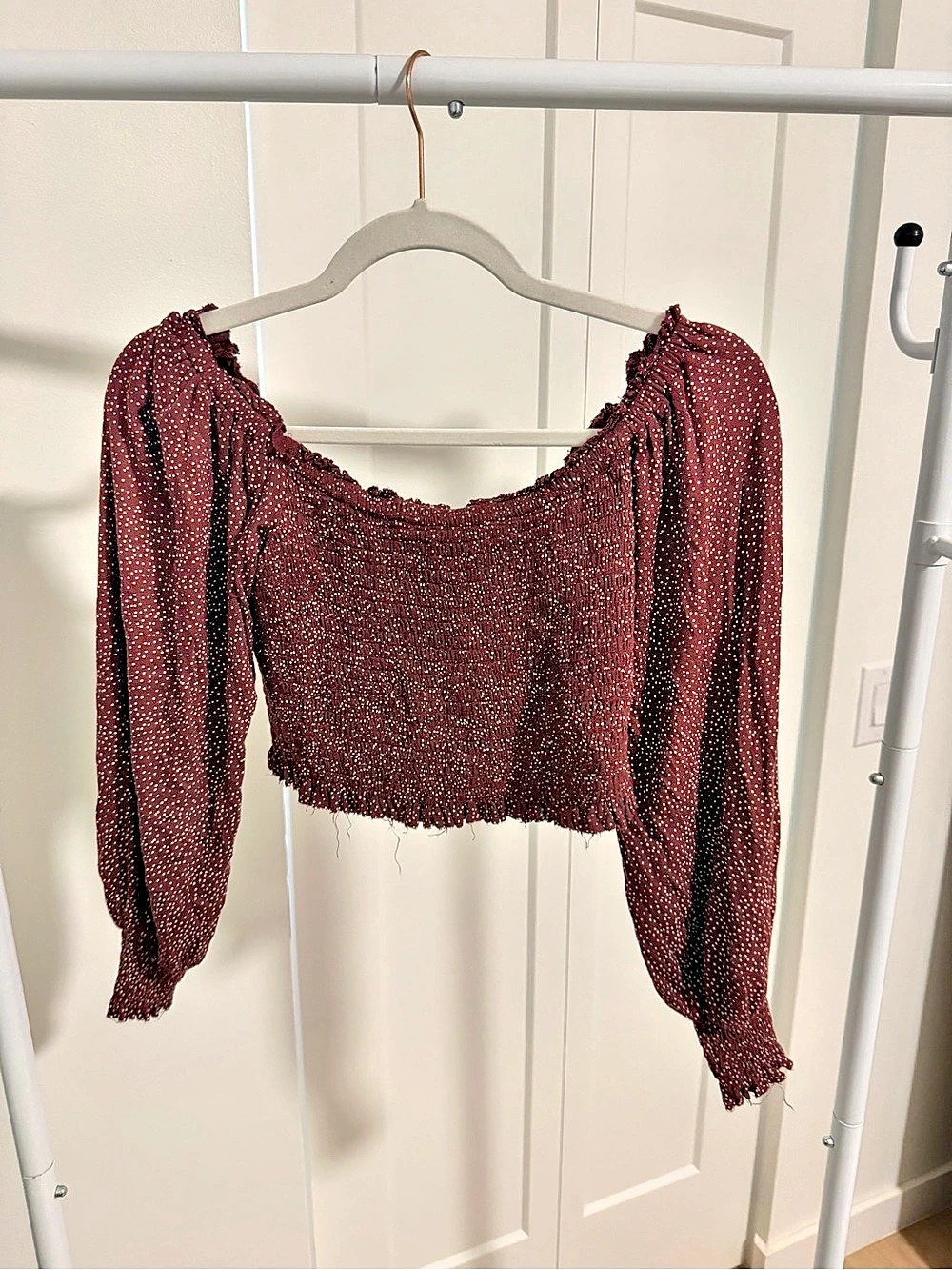 Urban Outfitters Smocked Off The Shoulder Cropped Top Maroon